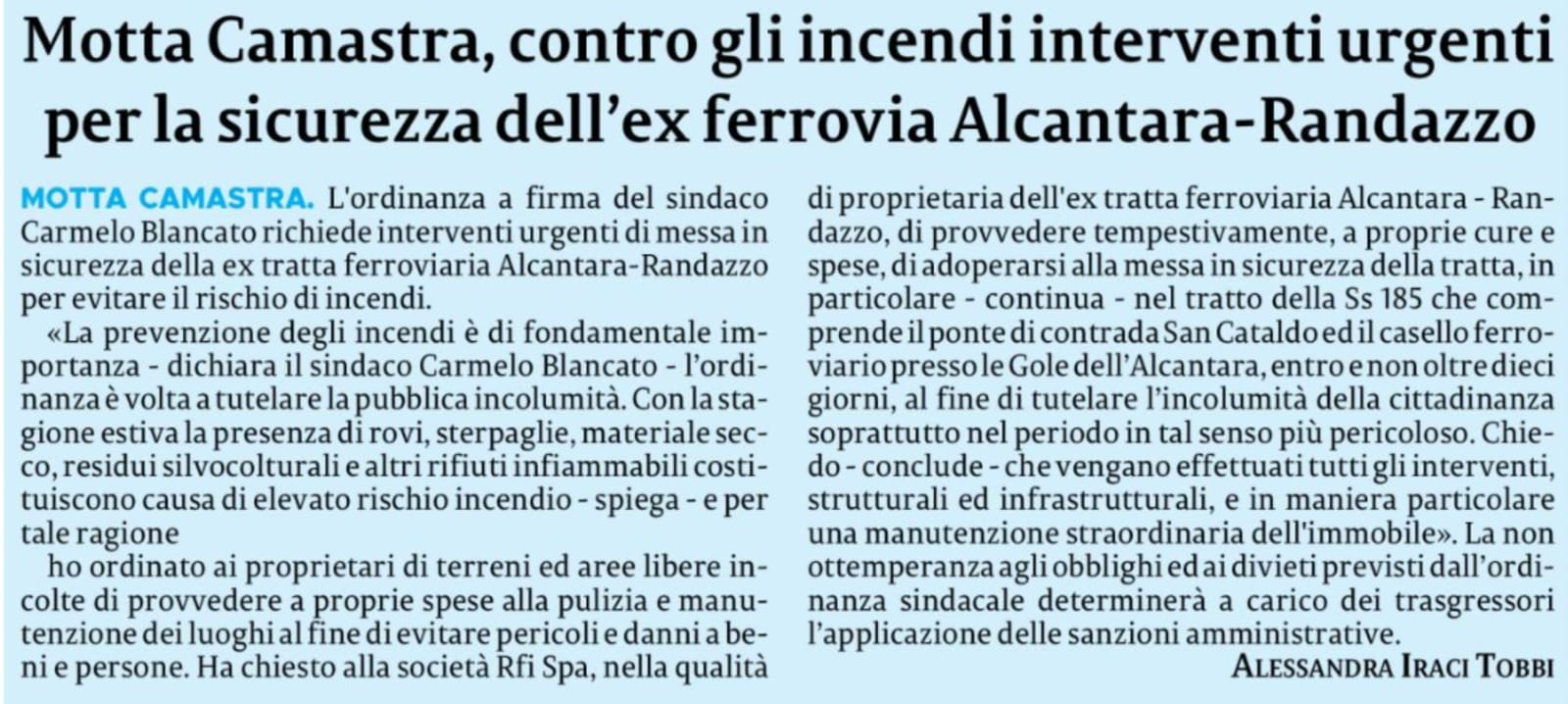 Ferrovia Valle Alcantara, l’ordinanza del Comune di Motta Camastra che contraddice i soliti annunci entusiastici sul ripristino